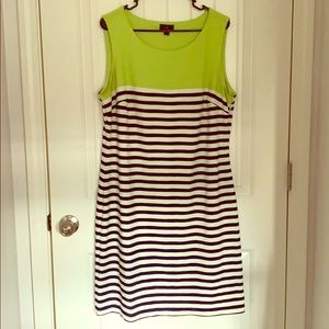 Navy, white and green striped shift dress